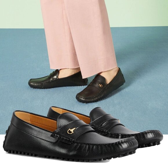 GUCCI SHOES MENS BLACK LEATHER HALF HORSEBIT DRIVER LOAFERS sz 10 / 10.5 US